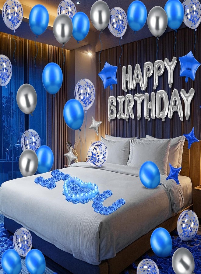 Woosytoo زينة بالونات عيد ميلاد سعيد باللون الأزرق، بالونات عيد ميلاد باللون الأزرق الملكي والفضي، لافتة حروف، 6 بالونات على شكل نجمة، بتلات ورد صناعية زرقاء، 24 شمعة LED بدون لهب، مثالية لغرفة النوم أو الفندق أو حفلة عيد ميلاد. - Image 1